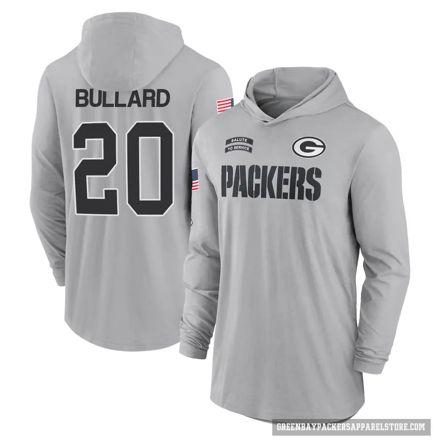 Men's ＃20 Javon Bullard Green Bay Packers Gray 2024 Salute to Service Lightweight Performance Long Sleeve Hooded T-Shirt