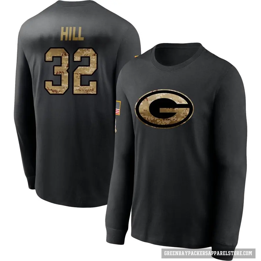 Men's ＃32 Kylin Hill Green Bay Packers Black 2020 Salute To Service Sideline Performance Long Sleeve T-Shirt