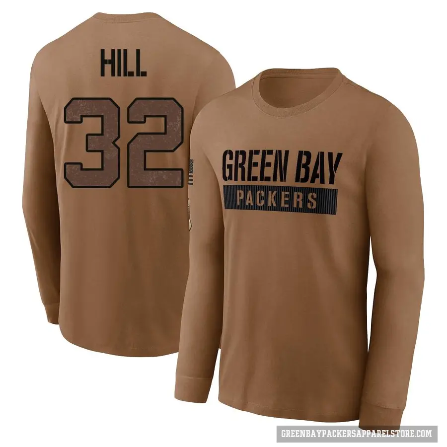 Men's ＃32 Kylin Hill Green Bay Packers Brown 2023 Salute To Service Long Sleeve T-Shirt