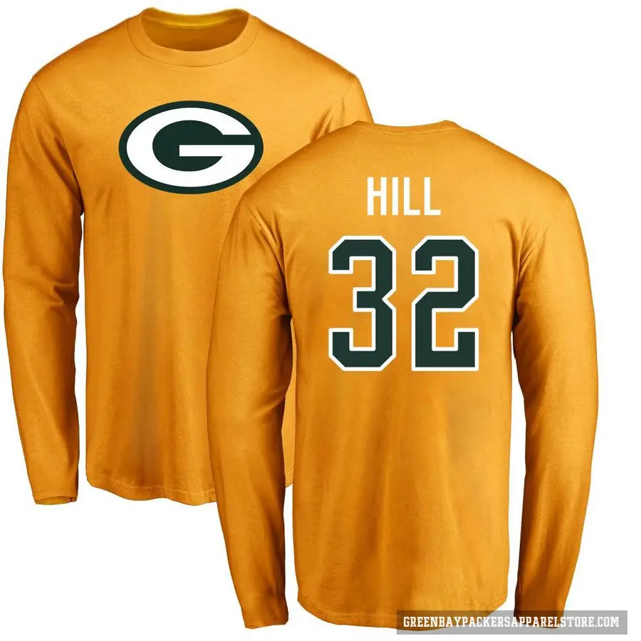 Men's ＃32 Kylin Hill Green Bay Packers Gold Logo Long Sleeve T-Shirt