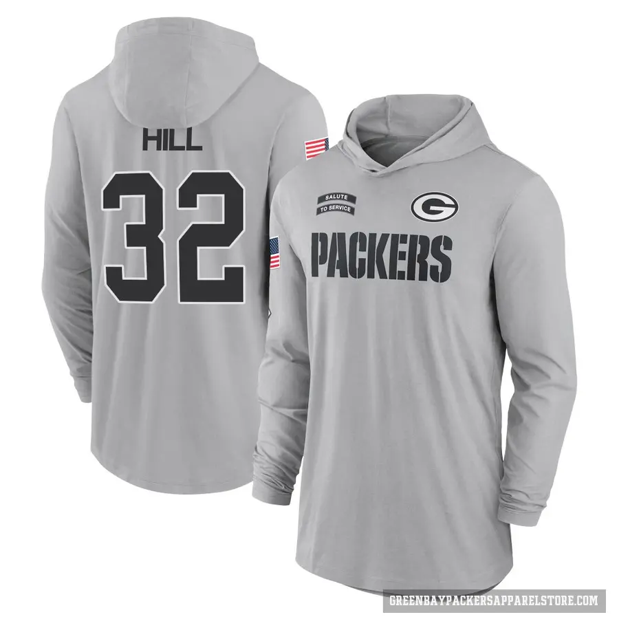 Men's ＃32 Kylin Hill Green Bay Packers Gray 2024 Salute to Service Lightweight Performance Long Sleeve Hooded T-Shirt