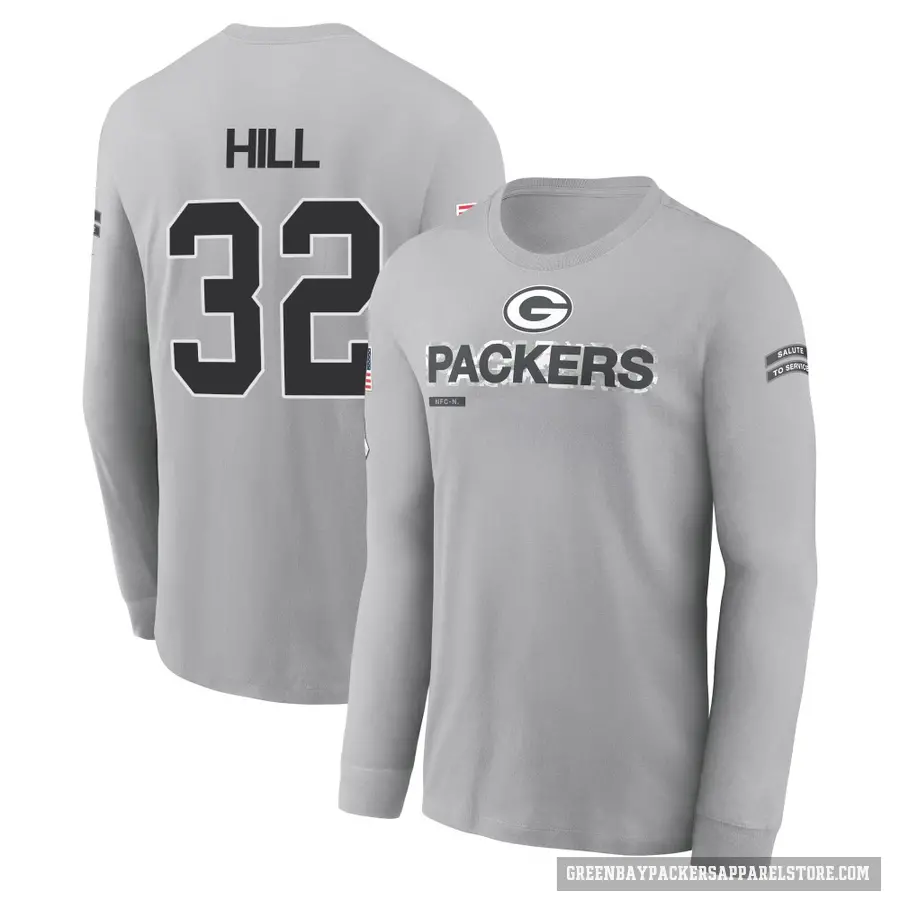 Men's ＃32 Kylin Hill Green Bay Packers Gray 2024 Salute to Service Long Sleeve T-Shirt