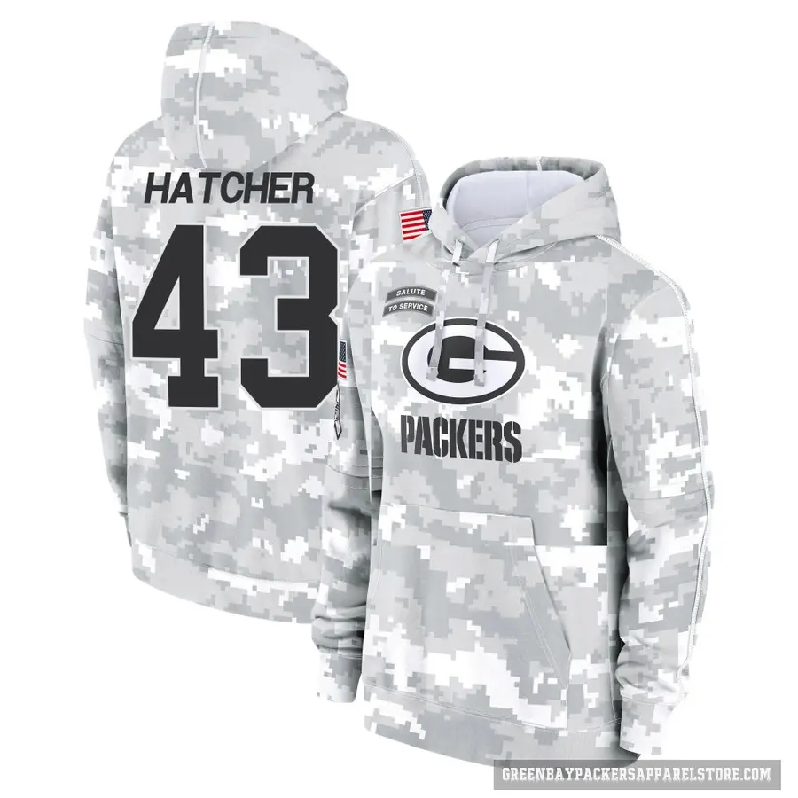 Men's ＃43 Broughton Hatcher Green Bay Packers Arctic Camo 2024 Salute to Service Club Fleece Pullover Hoodie