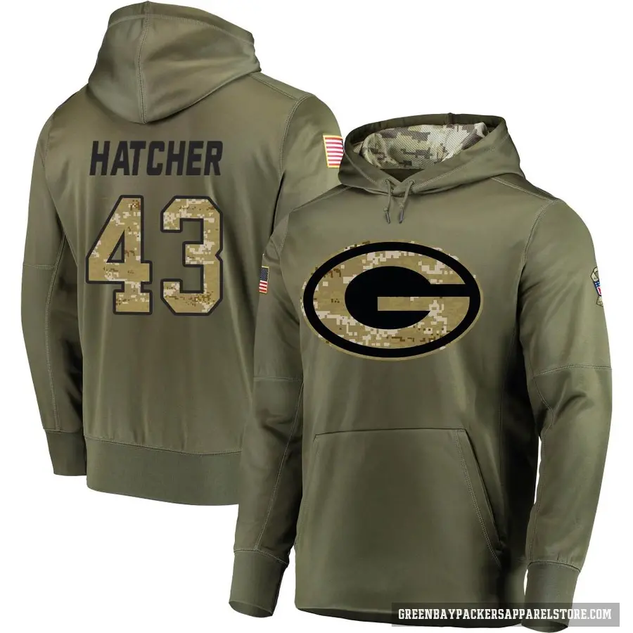 Men's ＃43 Broughton Hatcher Green Bay Packers Olive Salute to Service Pullover Hoodie