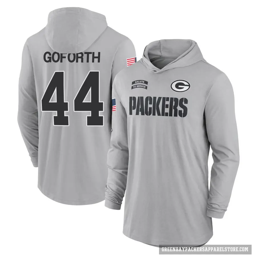 Men's ＃44 Ralen Goforth Green Bay Packers Gray 2024 Salute to Service Lightweight Performance Long Sleeve Hooded T-Shirt