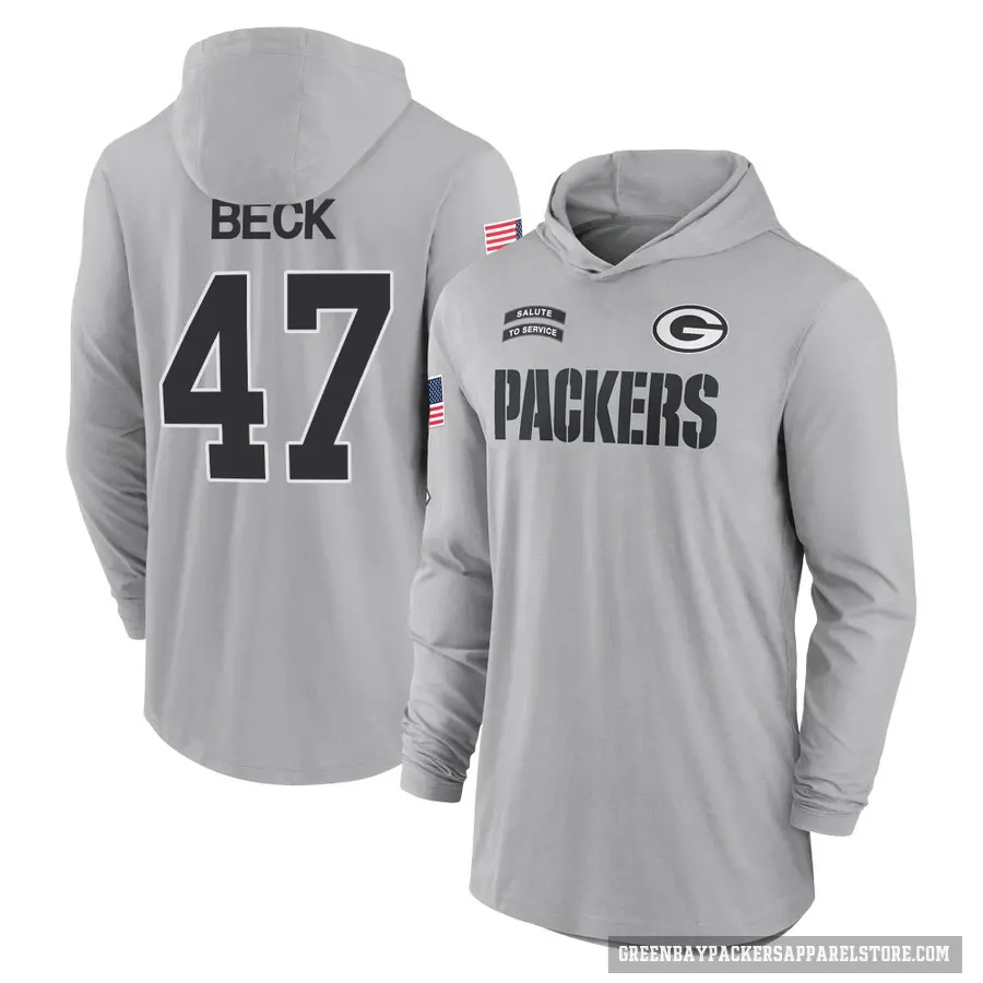 Men's ＃47 Andrew Beck Green Bay Packers Gray 2024 Salute to Service Lightweight Performance Long Sleeve Hooded T-Shirt