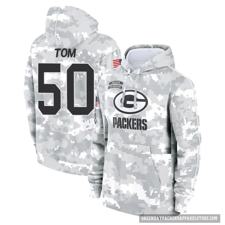 Men's ＃50 Zach Tom Green Bay Packers Arctic Camo 2024 Salute to Service Club Fleece Pullover Hoodie