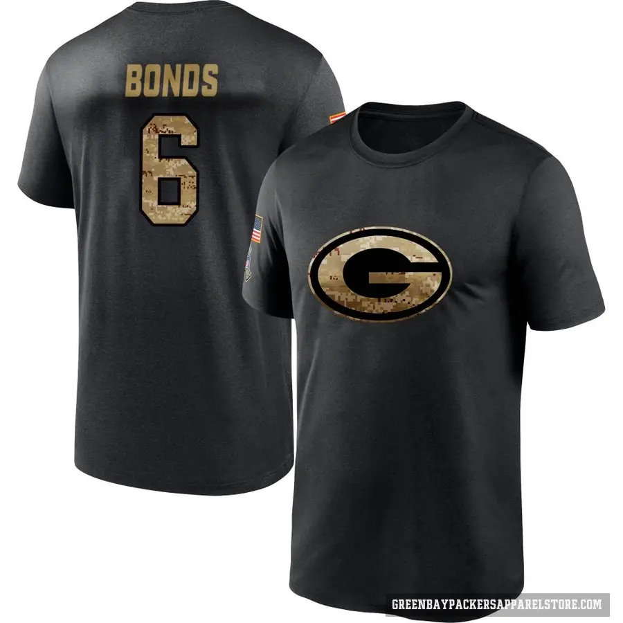 Men's ＃6 Jadakis Bonds Green Bay Packers Black 2020 Salute To Service Performance T-Shirt