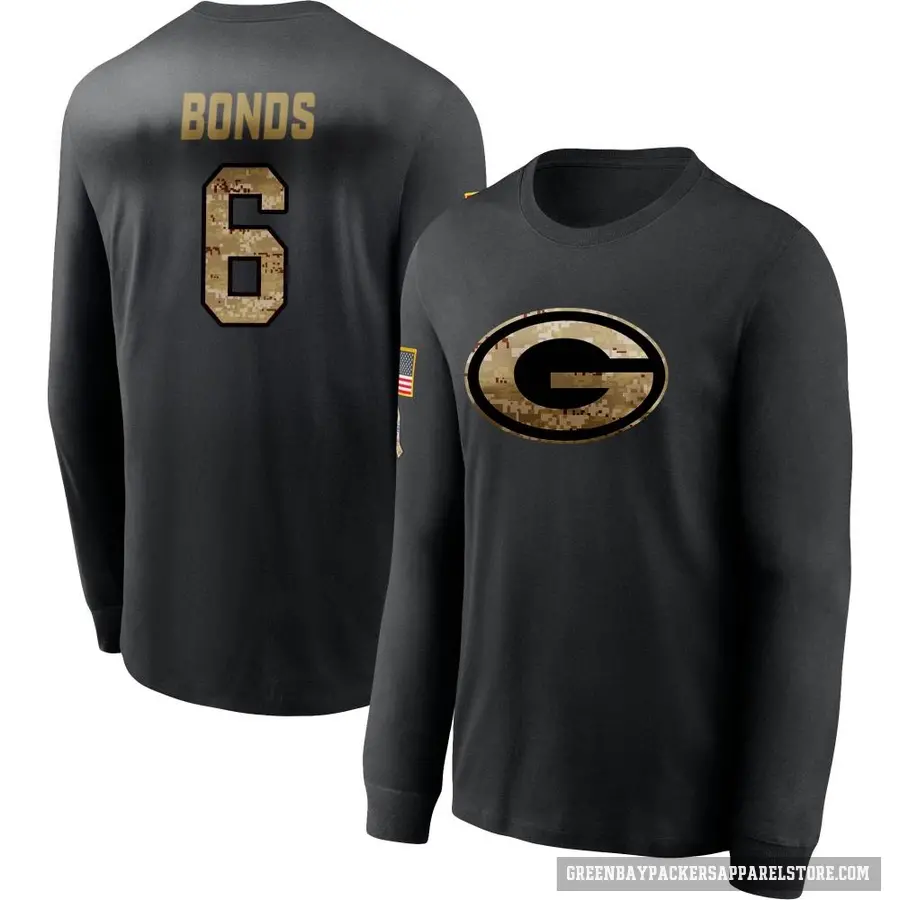 Men's ＃6 Jadakis Bonds Green Bay Packers Black 2020 Salute To Service Sideline Performance Long Sleeve T-Shirt