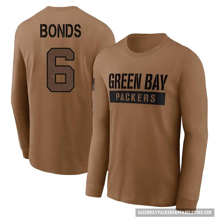 Men's ＃6 Jadakis Bonds Green Bay Packers Brown 2023 Salute To Service Long Sleeve T-Shirt