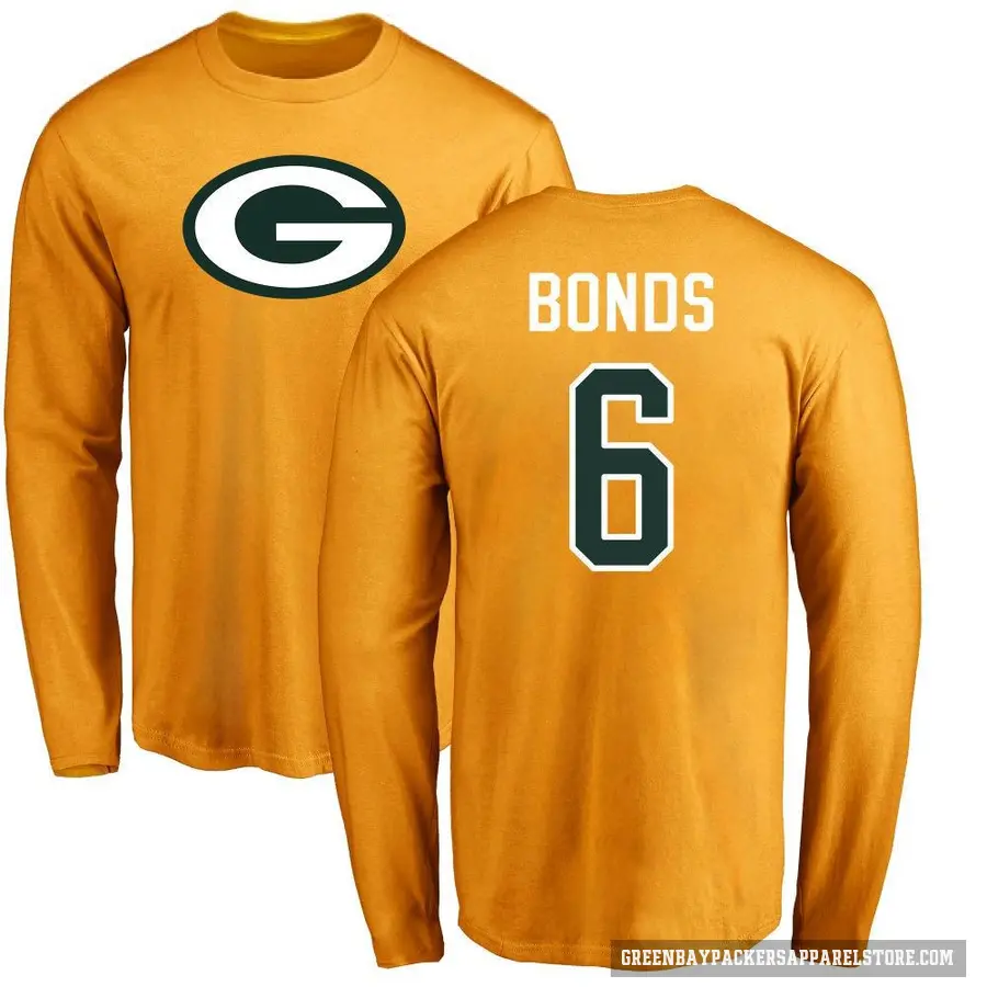 Men's ＃6 Jadakis Bonds Green Bay Packers Gold Logo Long Sleeve T-Shirt