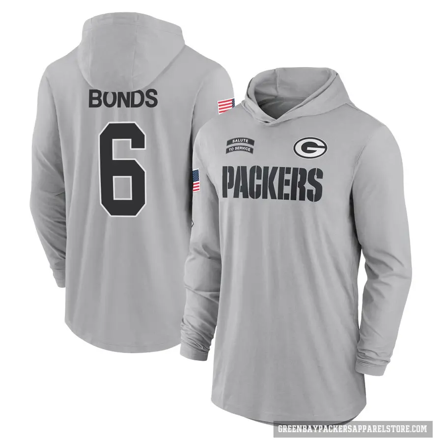 Men's ＃6 Jadakis Bonds Green Bay Packers Gray 2024 Salute to Service Lightweight Performance Long Sleeve Hooded T-Shirt