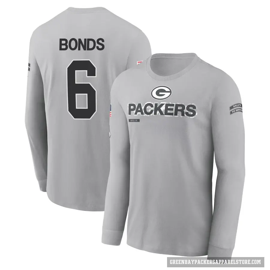 Men's ＃6 Jadakis Bonds Green Bay Packers Gray 2024 Salute to Service Long Sleeve T-Shirt