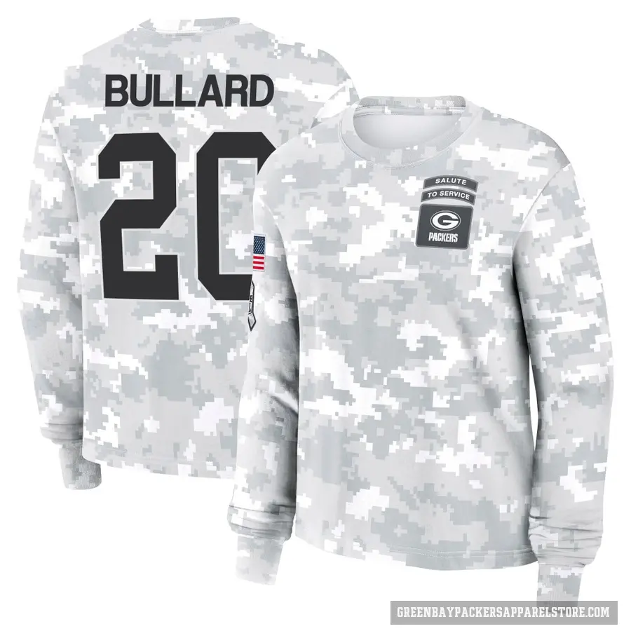 Women's ＃20 Javon Bullard Green Bay Packers Camo Arctic 2024 Salute to Service Long Sleeve T-Shirt