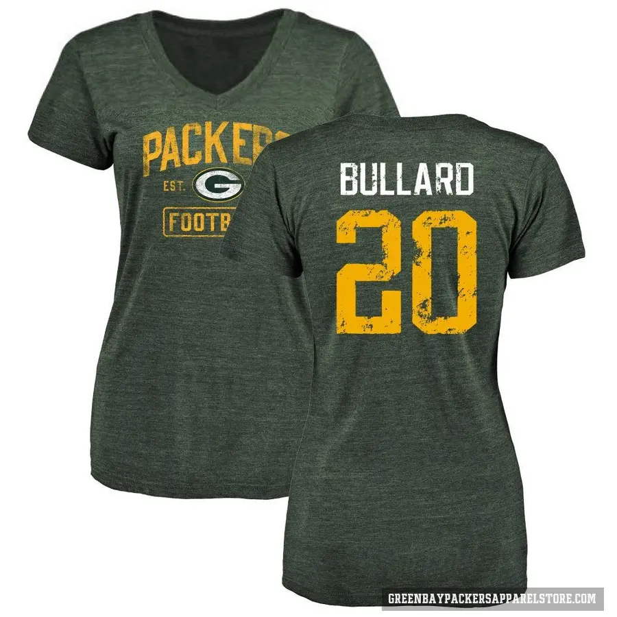 Women's ＃20 Javon Bullard Green Bay Packers Green Distressed V-Neck T-Shirt