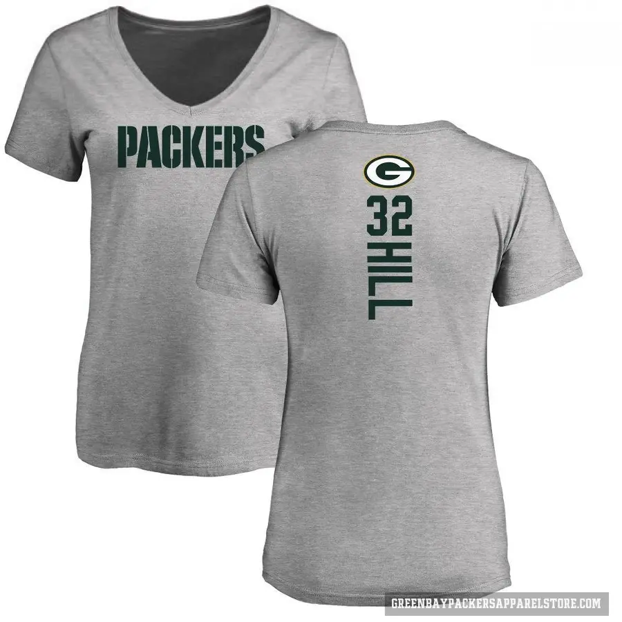 Women's ＃32 Kylin Hill Green Bay Packers Ash Backer V-Neck T-Shirt