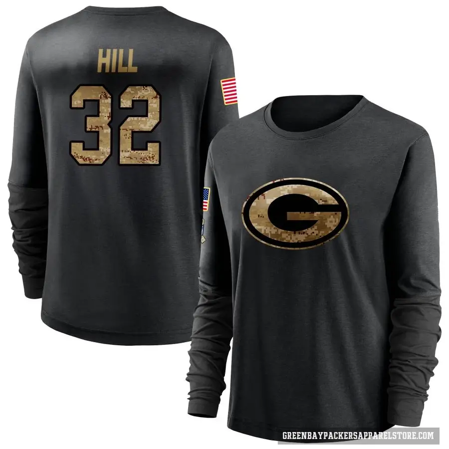 Women's ＃32 Kylin Hill Green Bay Packers Black 2020 Salute To Service Sideline Performance Long Sleeve T-Shirt