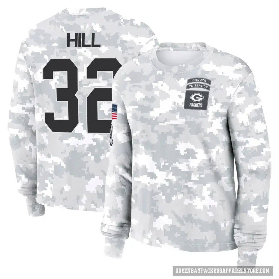 Women's ＃32 Kylin Hill Green Bay Packers Camo Arctic 2024 Salute to Service Long Sleeve T-Shirt