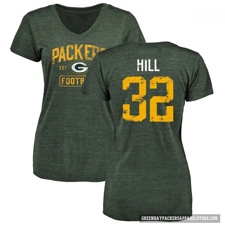 Women's ＃32 Kylin Hill Green Bay Packers Green Distressed V-Neck T-Shirt