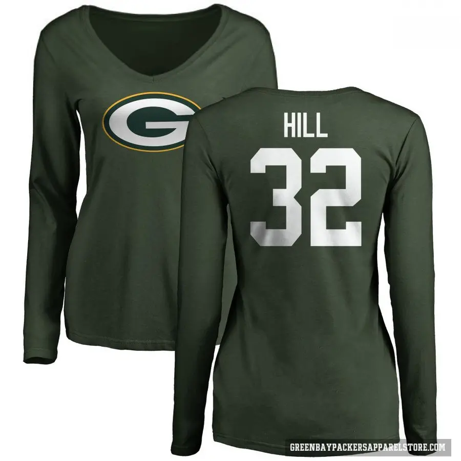 Women's ＃32 Kylin Hill Green Bay Packers Green Logo Slim Fit Long Sleeve T-Shirt