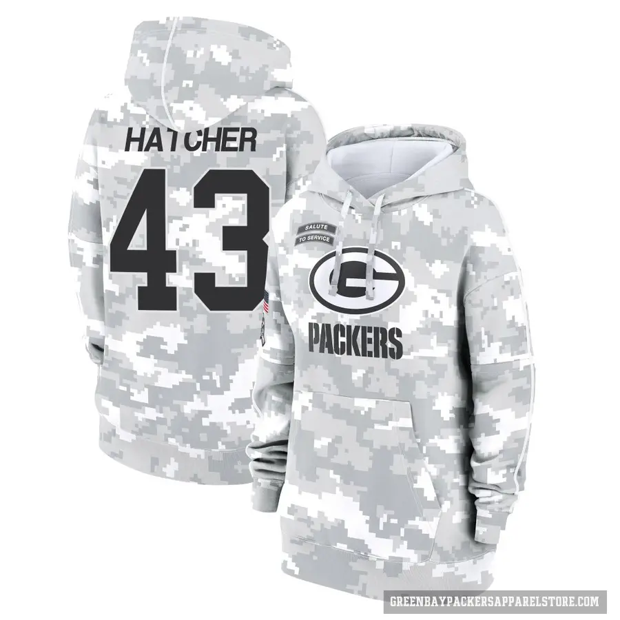 Women's ＃43 Broughton Hatcher Green Bay Packers Arctic Camo 2024 Salute to Service Club Fleece Pullover Hoodie