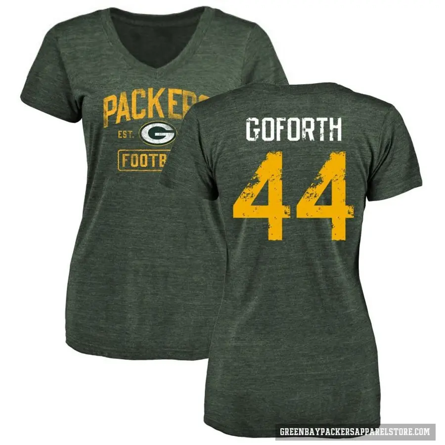 Women's ＃44 Ralen Goforth Green Bay Packers Green Distressed V-Neck T-Shirt