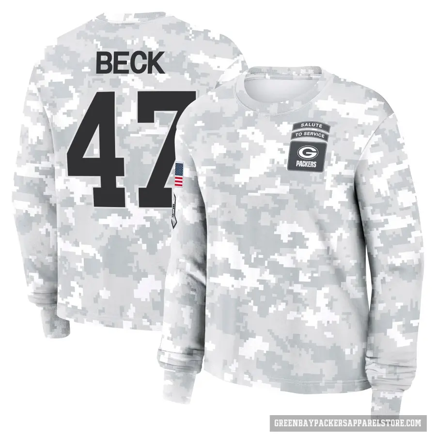 Women's ＃47 Andrew Beck Green Bay Packers Camo Arctic 2024 Salute to Service Long Sleeve T-Shirt