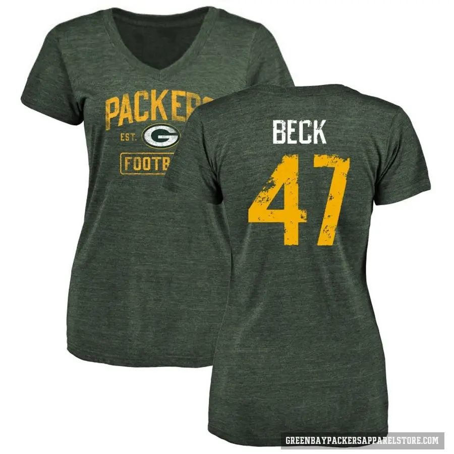 Women's ＃47 Andrew Beck Green Bay Packers Green Distressed V-Neck T-Shirt