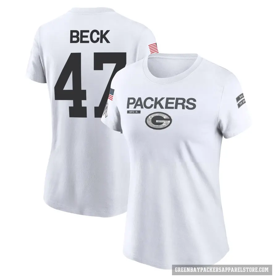 Women's ＃47 Andrew Beck Green Bay Packers White 2024 Salute to Service Performance T-Shirt