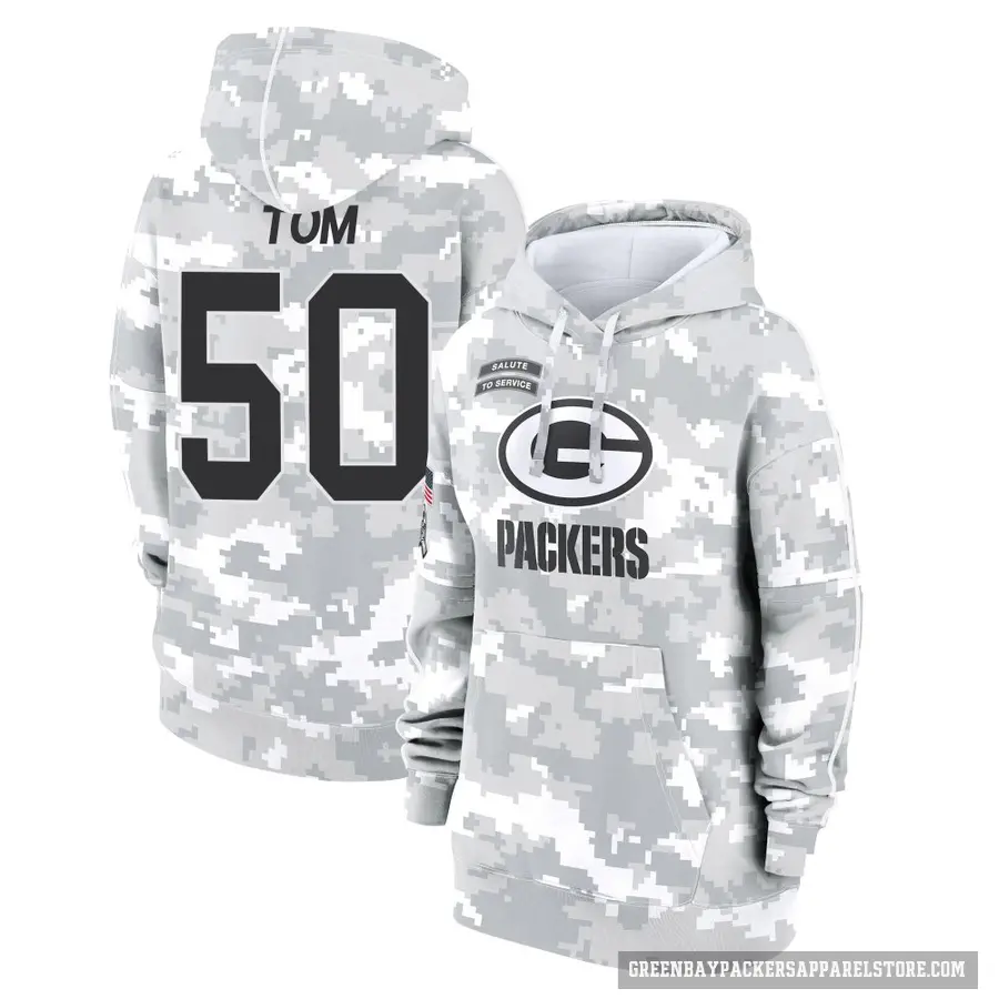 Women's ＃50 Zach Tom Green Bay Packers Arctic Camo 2024 Salute to Service Club Fleece Pullover Hoodie