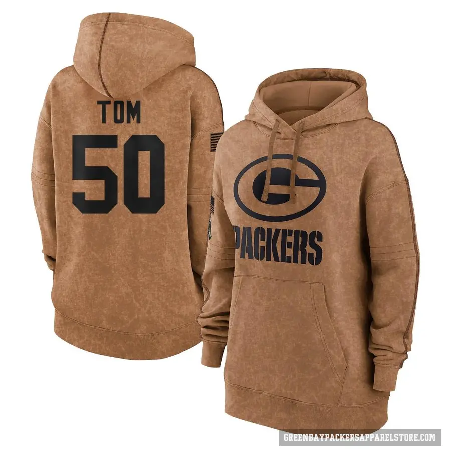 Women's ＃50 Zach Tom Green Bay Packers Brown 2023 Salute To Service Pullover Hoodie