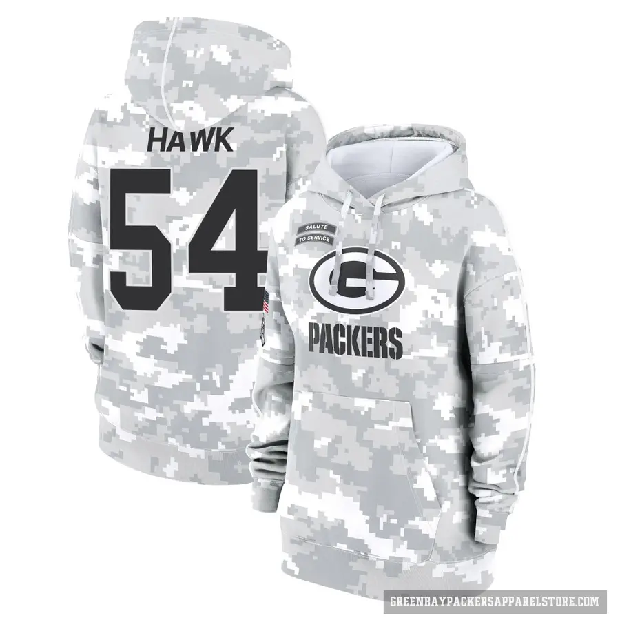 Women's ＃54 A.J. Hawk Green Bay Packers Arctic Camo 2024 Salute to Service Club Fleece Pullover Hoodie