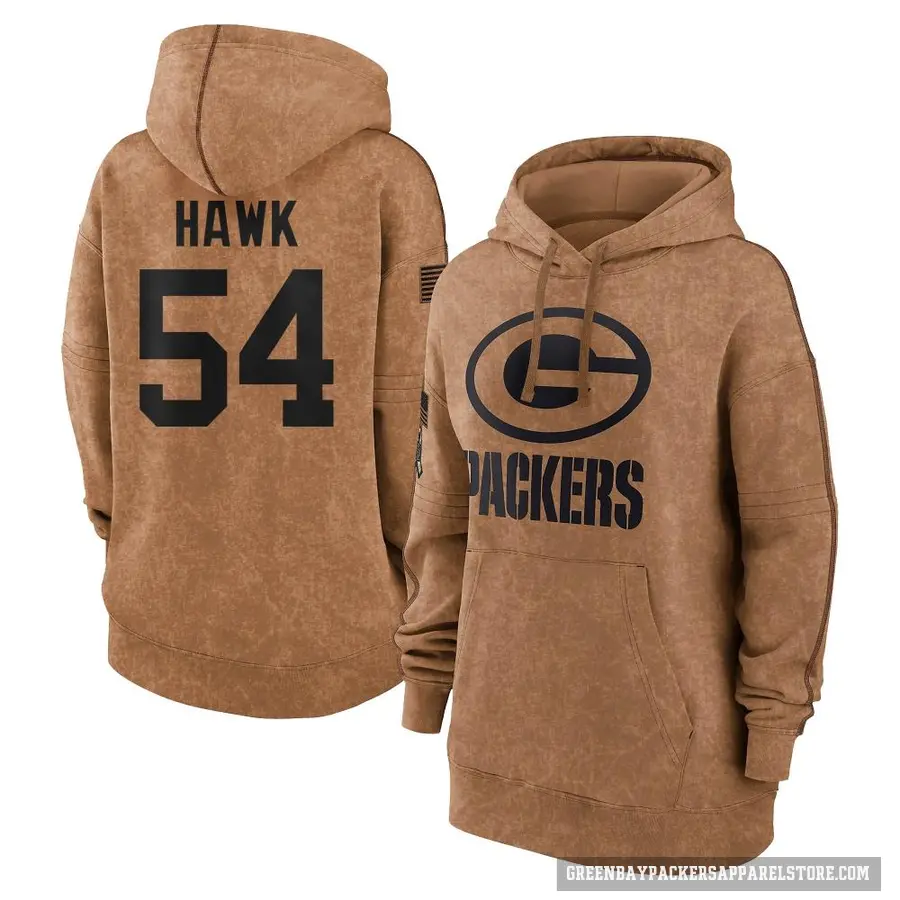 Women's ＃54 A.J. Hawk Green Bay Packers Brown 2023 Salute To Service Pullover Hoodie