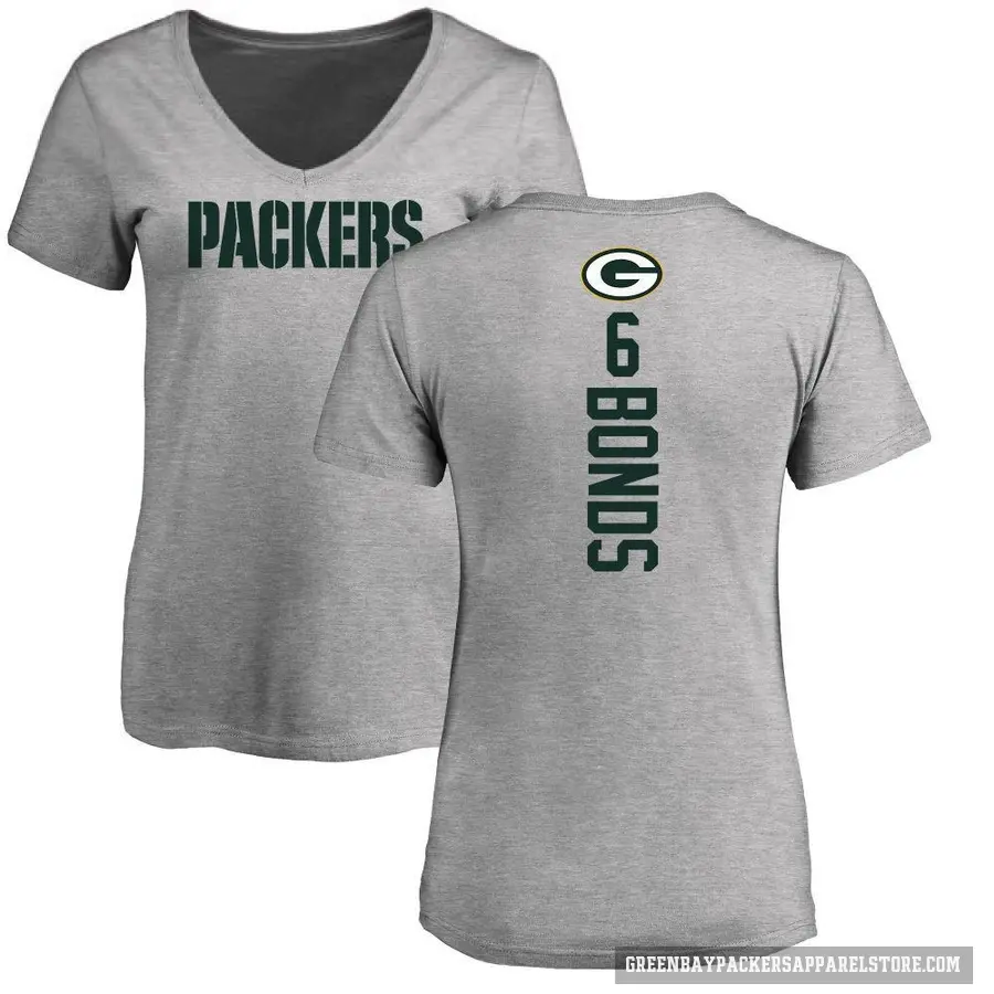 Women's ＃6 Jadakis Bonds Green Bay Packers Ash Backer V-Neck T-Shirt