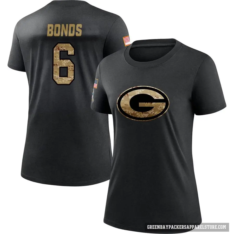 Women's ＃6 Jadakis Bonds Green Bay Packers Black 2020 Salute To Service Performance T-Shirt