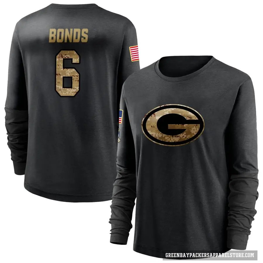 Women's ＃6 Jadakis Bonds Green Bay Packers Black 2020 Salute To Service Sideline Performance Long Sleeve T-Shirt