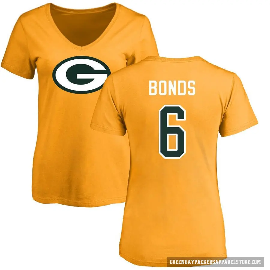 Women's ＃6 Jadakis Bonds Green Bay Packers Gold Logo Slim Fit T-Shirt