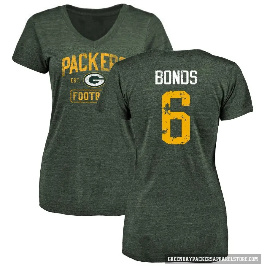 Women's ＃6 Jadakis Bonds Green Bay Packers Green Distressed V-Neck T-Shirt