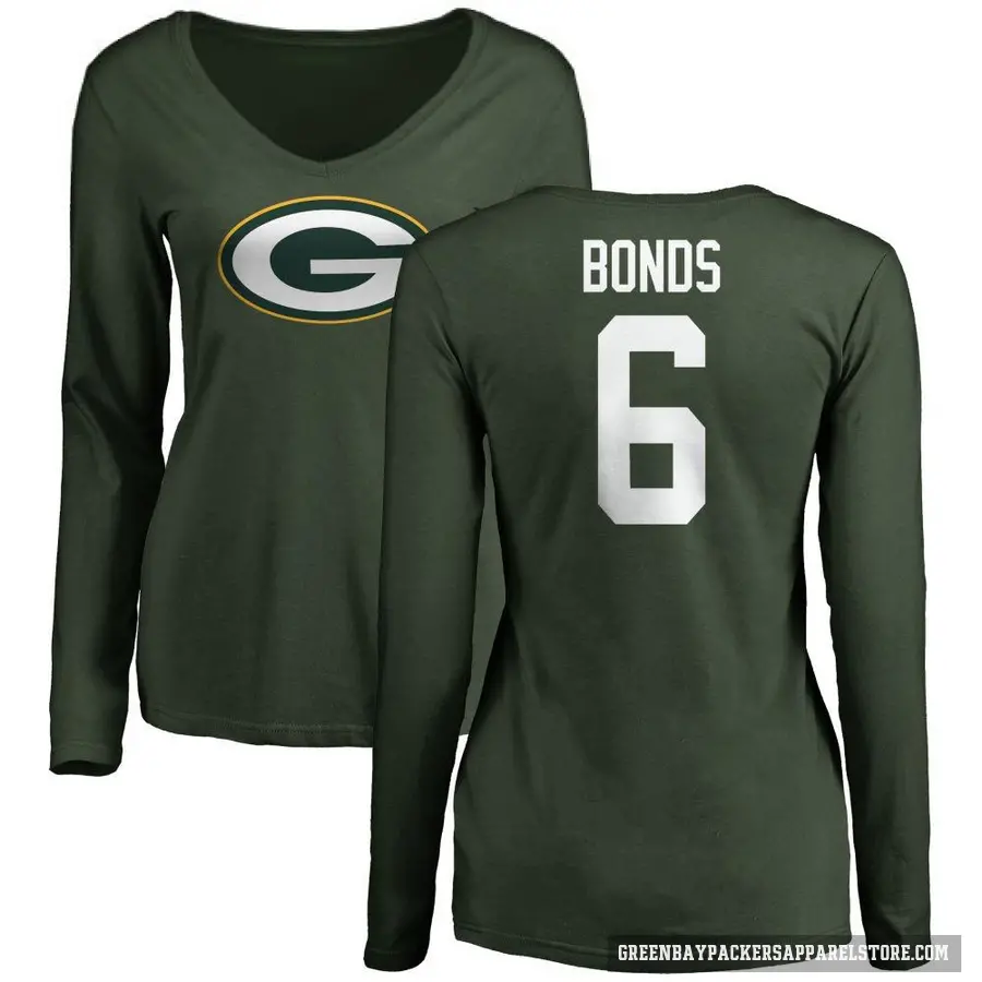 Women's ＃6 Jadakis Bonds Green Bay Packers Green Logo Slim Fit Long Sleeve T-Shirt