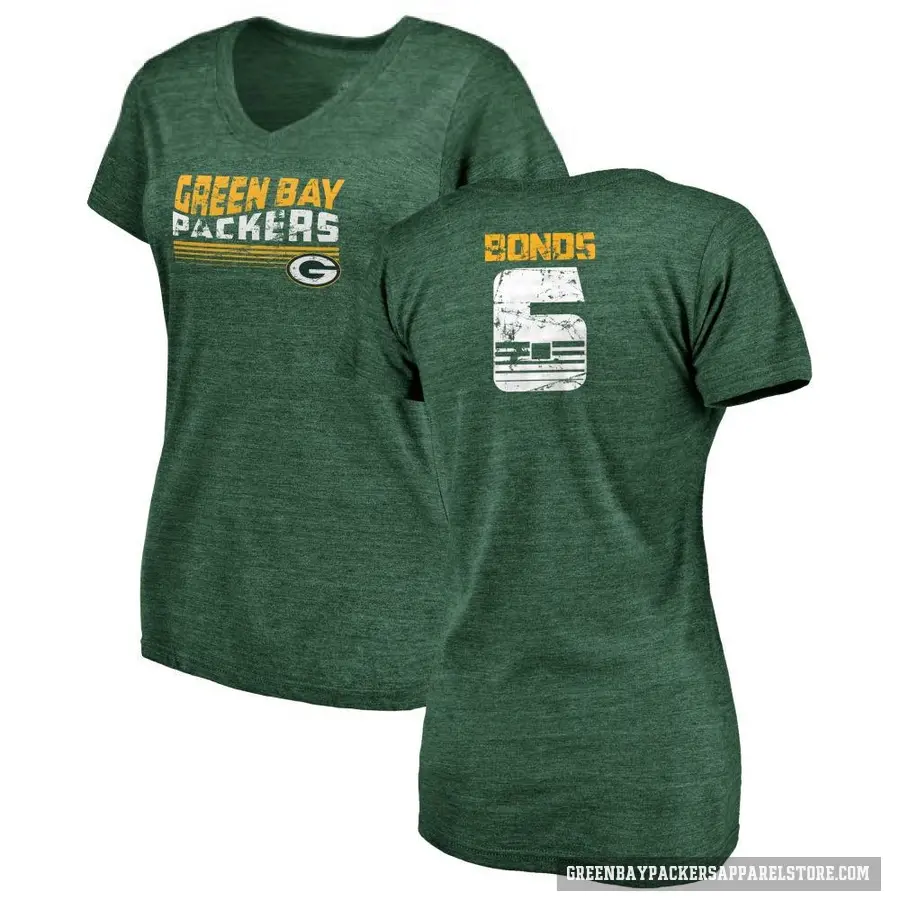 Women's ＃6 Jadakis Bonds Green Bay Packers Green Retro V-Neck T-Shirt