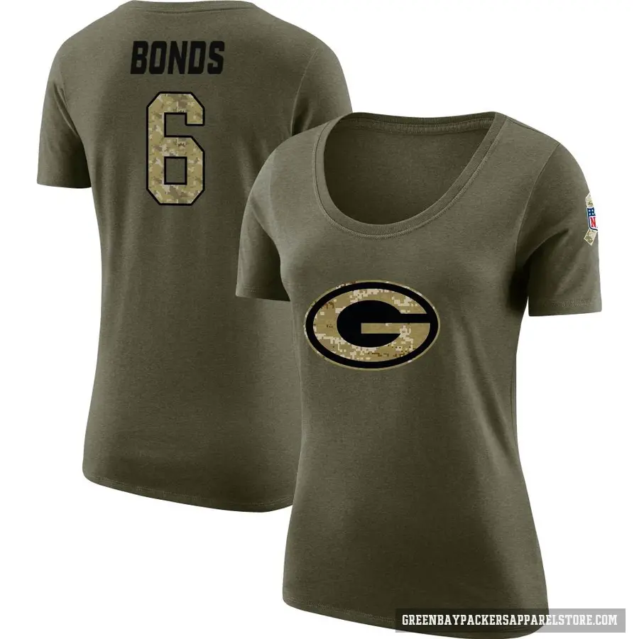 Women's ＃6 Jadakis Bonds Green Bay Packers Olive Salute to Service Scoop Neck T-Shirt