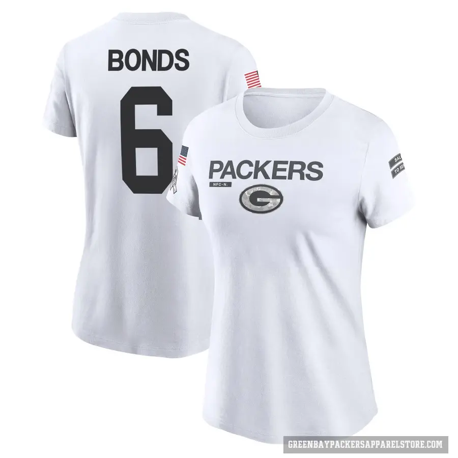 Women's ＃6 Jadakis Bonds Green Bay Packers White 2024 Salute to Service Performance T-Shirt