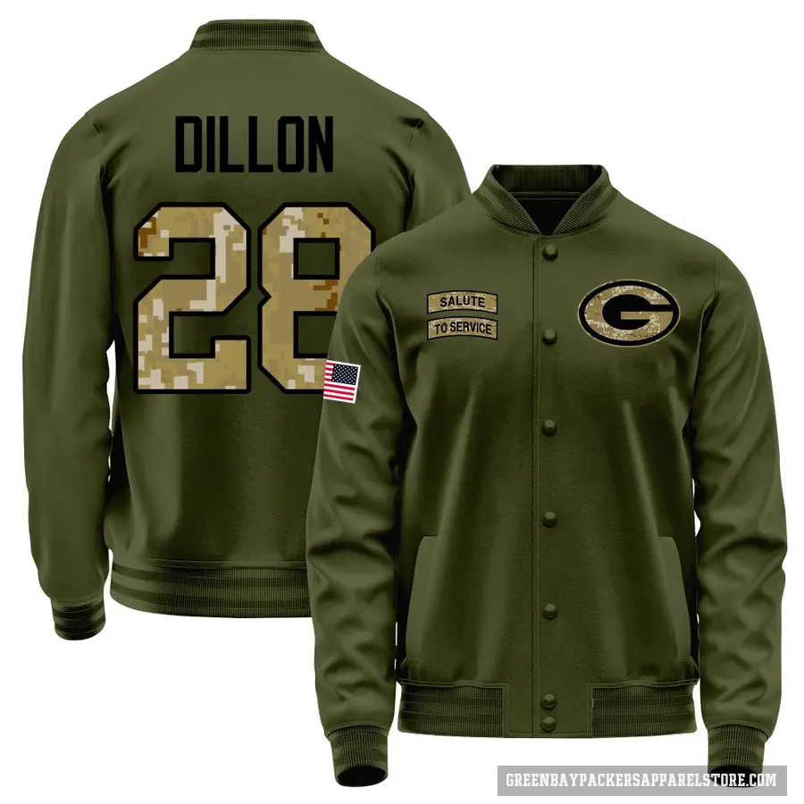 Youth ＃28 AJ Dillon Green Bay Packers Olive Salute to Service Sideline Performance Jacket