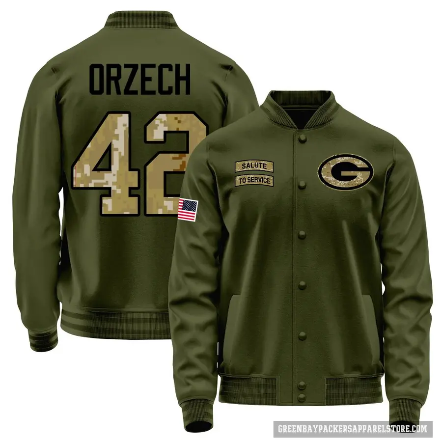 Youth ＃42 Matt Orzech Green Bay Packers Olive Salute to Service Sideline Performance Jacket