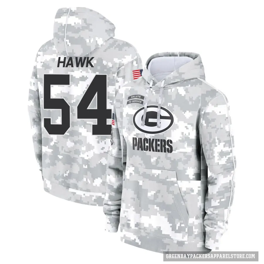 Youth ＃54 A.J. Hawk Green Bay Packers Arctic Camo 2024 Salute to Service Club Fleece Pullover Hoodie