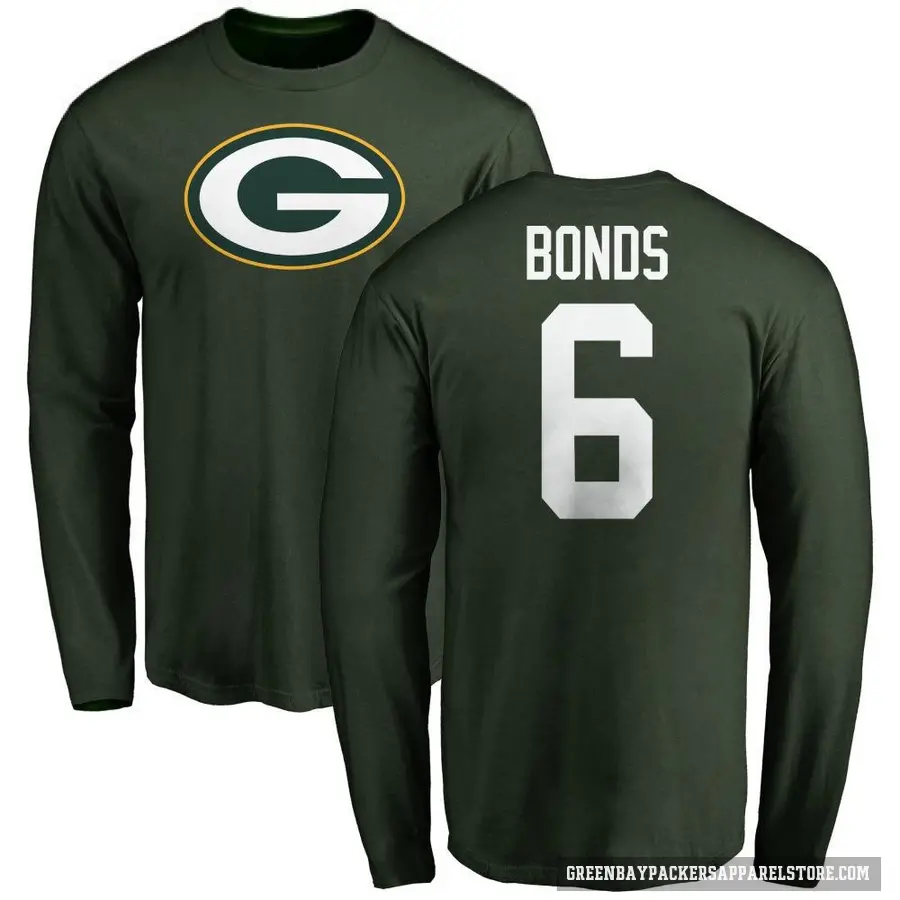 Youth ＃6 Jadakis Bonds Green Bay Packers Green Logo Long Sleeve T-Shirt